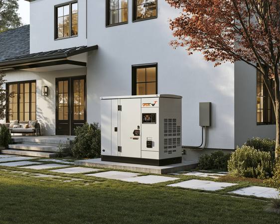 Whole-home standby generator installed beside a house at dusk — automatic backup power that starts within seconds of any substation failure, whether from attack, fire, or equipment age