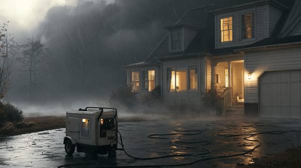 Portable generator running on a dark driveway in a storm while the house behind stays fully lit — backup power keeps lights, heat, and medical equipment running through any weather event