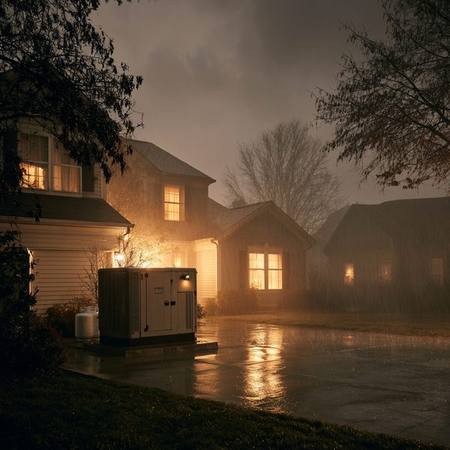 Standby generator running in a storm while one house stays fully lit — whole-home backup power makes the difference between safety and crisis