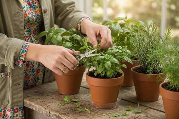 Hands using scissors to harvest fresh basil from a terracotta pot