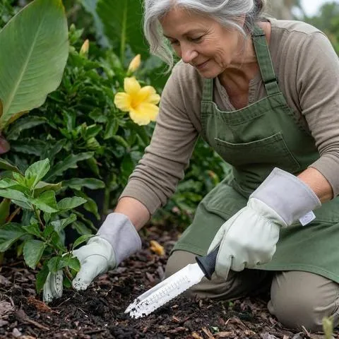 A senior woman in a green apron and garden gloves kneeling to plant a young shrub, using a hori hori knife with depth markings on the blade to dig into mulched soil