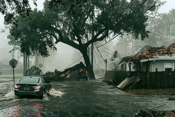 Car driving through flooded street past downed power pole and fallen tree during hurricane — downed infrastructure blocks roads and delays utility crews for days in residential neighborhoods