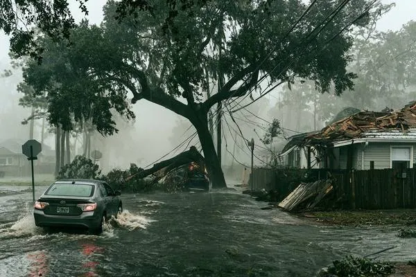 Car driving through flooded street past downed power pole and fallen tree during hurricane — downed infrastructure blocks roads and delays utility crews for days in residential neighborhoods