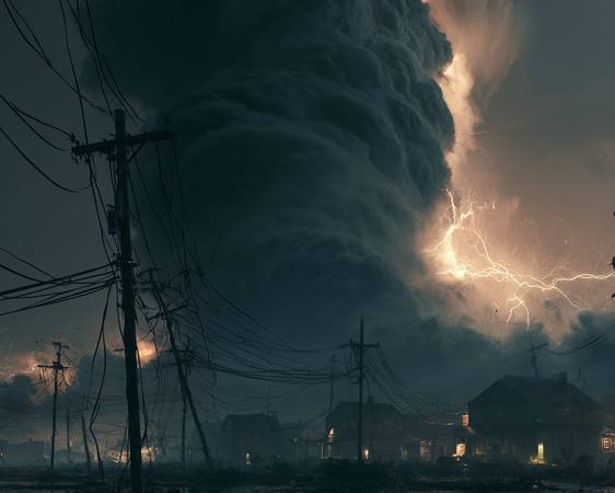Massive hurricane wall cloud with lightning strike over residential neighborhood and downed utility poles — the weather events that cause grid demand spikes are the same ones most dangerous to seniors