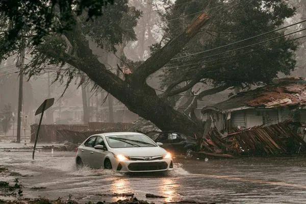 Flooded residential street during hurricane landfall with fallen oak tree arching over road, downed power lines, and car navigating deep water — Spanish moss neighborhood typical of Florida and Gulf Coast