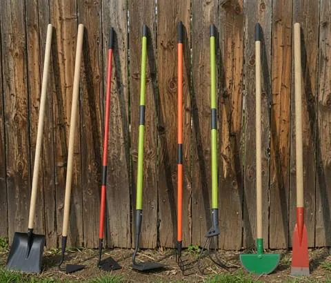 Lineup of long-handled garden tools — shovel, hoe, cultivator, and weeder — leaning against a wooden fence
