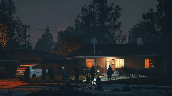 Neighbors with flashlights gathered outside the one prepared house during a post-hurricane power outage — the home with a standby generator stays lit while the rest of the street is dark