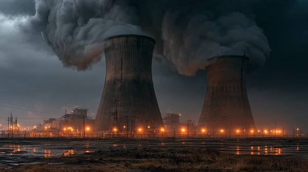 Large nuclear power plant at night with two massive cooling towers and steam rising, amber perimeter lights glowing along the security fence, transmission towers visible — when a reactor trips offline, up to 1,500 megawatts disappear from the grid in seconds
