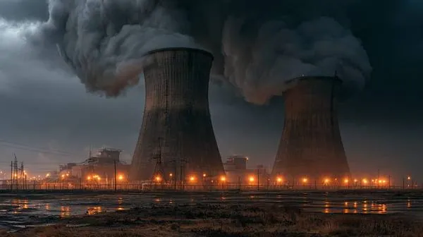 Large nuclear power plant at night with two massive cooling towers and steam rising, amber perimeter lights glowing along the security fence, transmission towers visible — when a reactor trips offline, up to 1,500 megawatts disappear from the grid in seconds