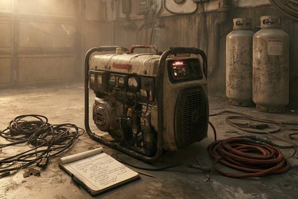 Old portable generator on a garage floor with propane tanks, extension cords, and a handwritten maintenance checklist — untested backup power that may not start when needed