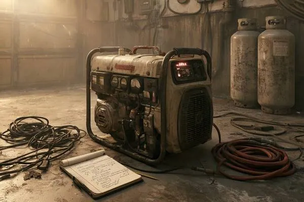 Old portable generator on a garage floor with propane tanks, extension cords, and a handwritten maintenance checklist — untested backup power that may not start when needed