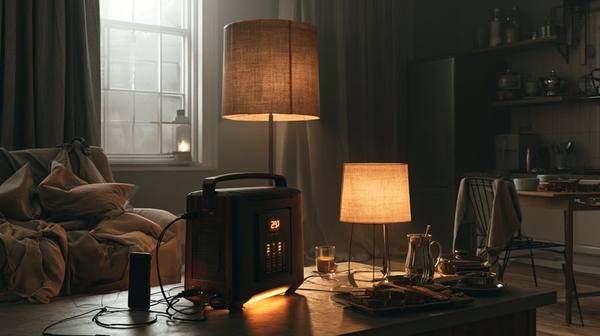 Portable power station running lamps and charging devices in a living room during a power outage — backup power keeps seniors safe and comfortable during drought-related blackouts