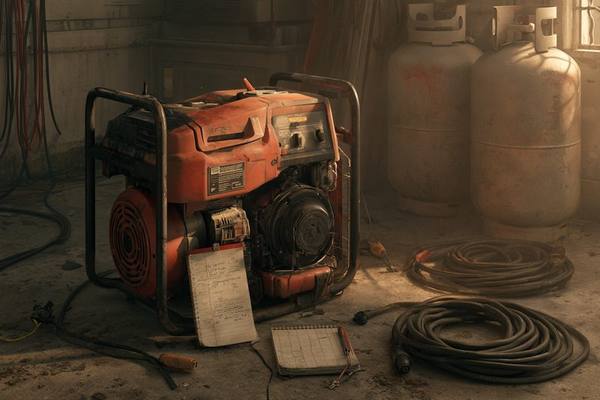 Red portable generator on a garage floor with propane tanks and maintenance checklist — portable generators power refrigerators, AC units, and medical equipment during outages