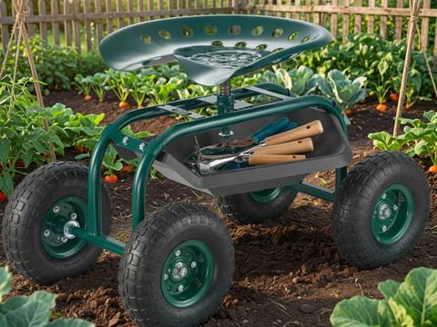 Wide four-wheeled rolling garden seat with tool tray, parked in a vegetable garden row