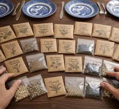 Hands arranging homemade kraft paper seed packets and clear bags on a wooden table, with Blue Willow china plates in the background