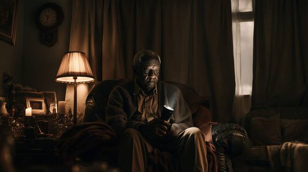 Elderly man alone in darkened living room holding a flashlight during a power outage — the clock on the wall, dead lamp, and dark window capture what a rolling blackout means for a senior without backup power