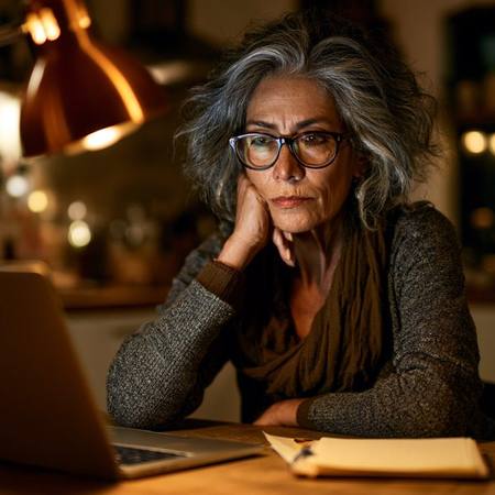Retired woman in her 60s at a kitchen table at night with a laptop and a small lamp — seniors researching power outage risks and preparedness options face a real threat from cyberattacks on the grid, not just weather events