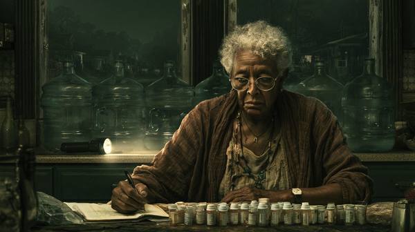 Senior woman at kitchen table at night writing in notebook with medication bottles lined up in a row — the kind of methodical preparation that makes the difference in an 18-day outage