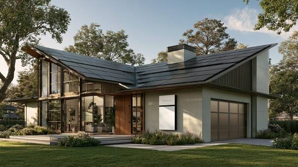 Modern home with dark solar panels covering the roof and a Tesla Powerwall battery mounted on the garage wall — silent, fuel-free backup power for seniors in sun-belt states