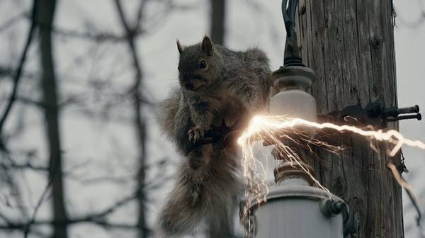 Gray squirrel on ceramic utility pole insulator with electrical arc discharge — animal contact with energized equipment causes thousands of outages annually