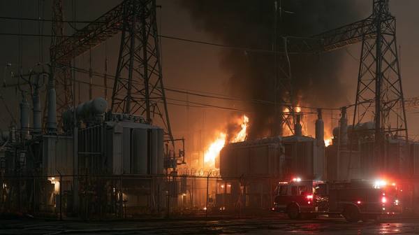 Electrical substation transformer fire at night with fire trucks responding — equipment failure under peak demand load causes extended outages affecting the most vulnerable residents