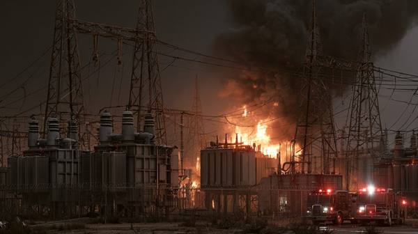 Electrical substation fire at night with barbed wire fence in the foreground and fire trucks responding — transformer fires can knock out power to tens of thousands of homes for days while crews wait for replacement equipment