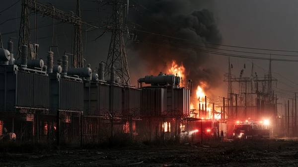 Wide view of electrical substation fire at night with transformers ablaze and fire trucks arriving — a single substation serves 10,000 to 50,000 customers and its failure affects the entire neighborhood simultaneously
