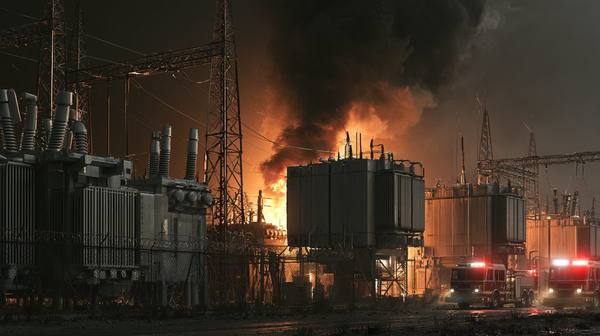 Electrical substation on fire at night with fire trucks responding — a real-world glimpse of what physical grid attacks produce