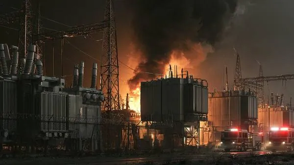 Electrical substation on fire at night with fire trucks responding — a real-world glimpse of what physical grid attacks produce