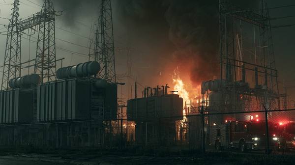Wide-angle view of large electrical substation with barbed wire fence and transformers on fire — a large power transformer failure cascading into a major regional outage event