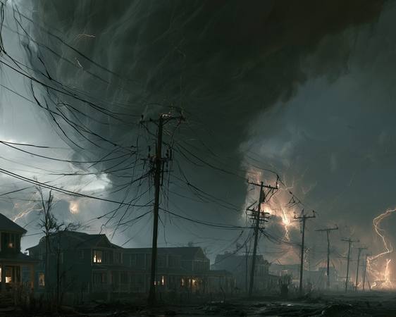Massive hurricane wall cloud over residential neighborhood with utility poles and downed wires — extreme weather events that damage the grid often arrive with little warning, same as solar storms
