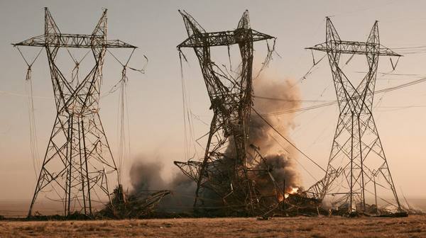 High-voltage transmission towers collapsed and burning in open field — the result of a coordinated infrastructure attack