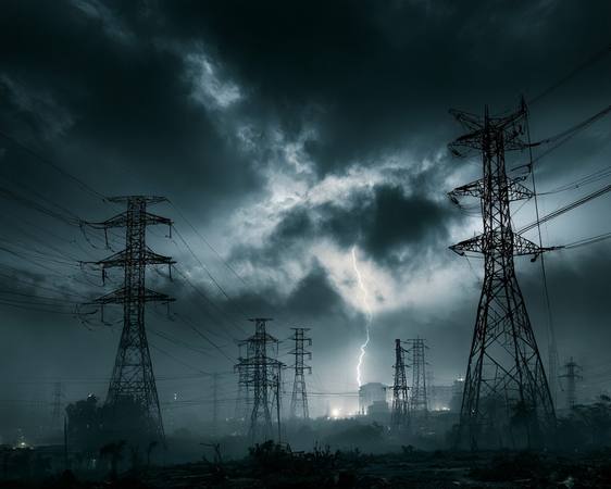 High-voltage transmission towers silhouetted against a stormy night sky with lightning strike
