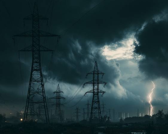 High-voltage transmission towers silhouetted against stormy night sky with lightning — the same long-distance transmission lines that carry power across regions are most vulnerable to geomagnetically induced currents from solar storms