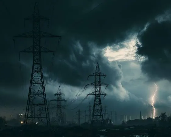 High-voltage transmission towers silhouetted against stormy night sky with lightning — the same long-distance transmission lines that carry power across regions are most vulnerable to geomagnetically induced currents from solar storms