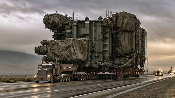Enormous custom-built power transformer on a specialized heavy-haul flatbed truck on a highway — these units can weigh 800,000 pounds and take 12 to 18 months to manufacture and deliver after a major grid failure