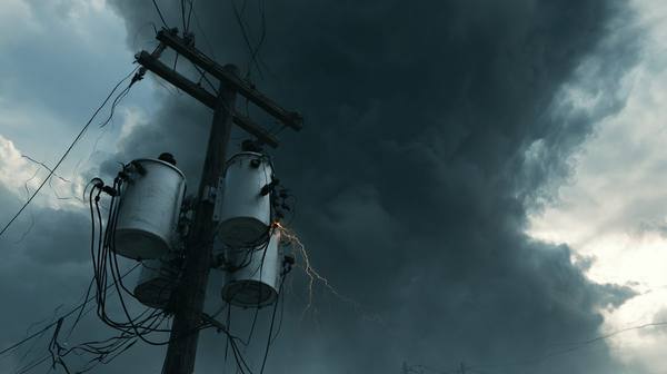 Utility pole transformers sparking and arcing during a lightning storm — weather-related equipment failure and human-caused damage produce identical outages for residents