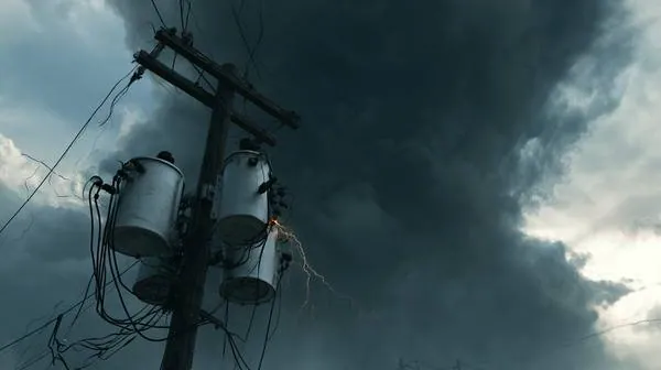 Utility pole transformers sparking and arcing during a lightning storm — weather-related equipment failure and human-caused damage produce identical outages for residents