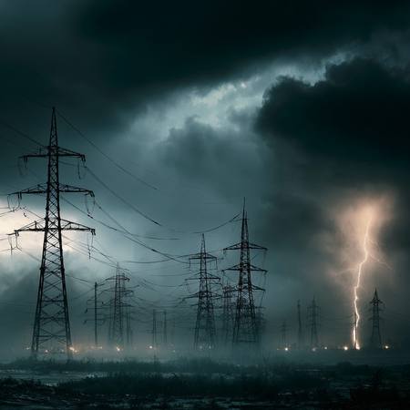 Rows of high-voltage transmission towers in a stormy night sky with a lightning strike — the scale of regional grid damage that requires mutual aid crews from across the country to restore