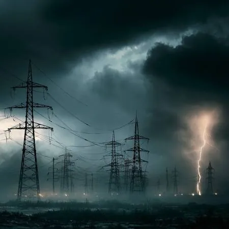 Rows of high-voltage transmission towers in a stormy night sky with a lightning strike — the scale of regional grid damage that requires mutual aid crews from across the country to restore