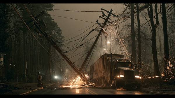 Commercial semi-truck crashed into multiple utility poles at night — fallen power lines and electrical sparks block the road as emergency responders arrive