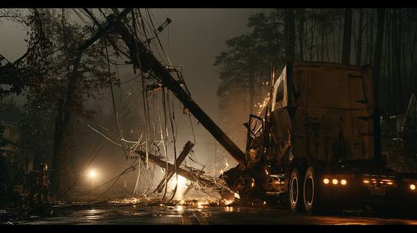 Semi-truck crashed into utility poles at night on a residential street with wires tangled everywhere and sparks on the wet road — vehicle accidents that destroy poles and lines happen most frequently between midnight and 6 AM