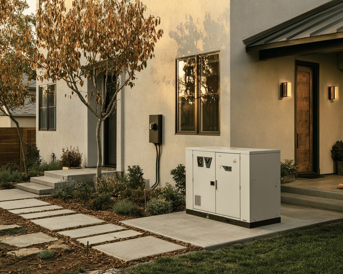 Whole-home standby generator beside a well-lit modern home at dusk — the kind of preparation that let Barbara keep her neighborhood powered through a nine-day hurricane blackout