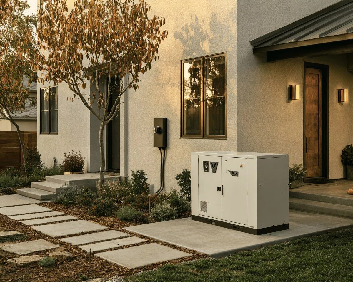 Whole-home standby generator beside a well-lit modern home at dusk — the kind of preparation that let Barbara keep her neighborhood powered through a nine-day hurricane blackout