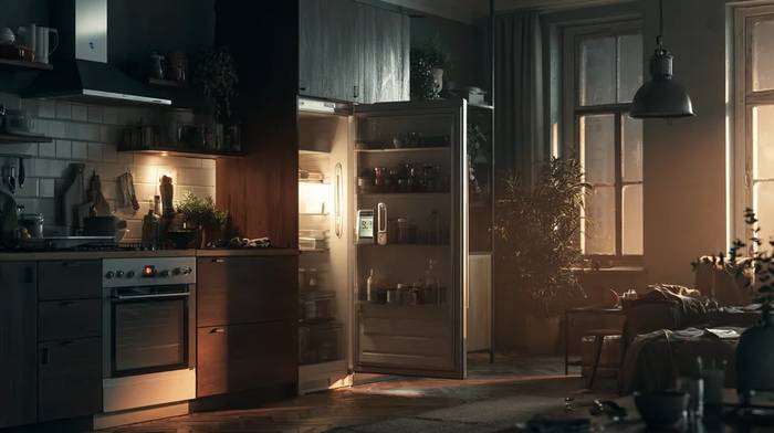Open refrigerator door in a dark kitchen during a power outage with medications and bottles visible on shelves and a digital thermometer showing rising temperature — insulin stored here may become ineffective within hours of a blackout