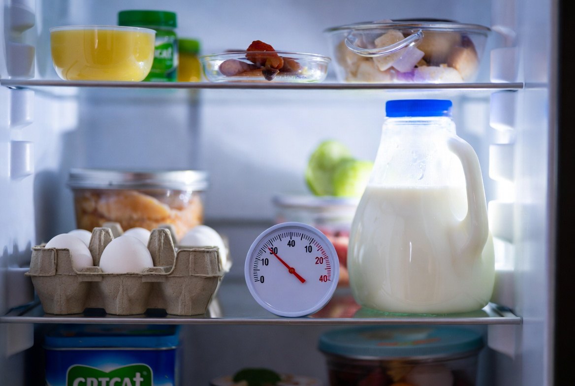 A round dial appliance thermometer standing on a refrigerator shelf between an egg carton and a milk jug, needle reading in the mid-thirties Fahrenheit