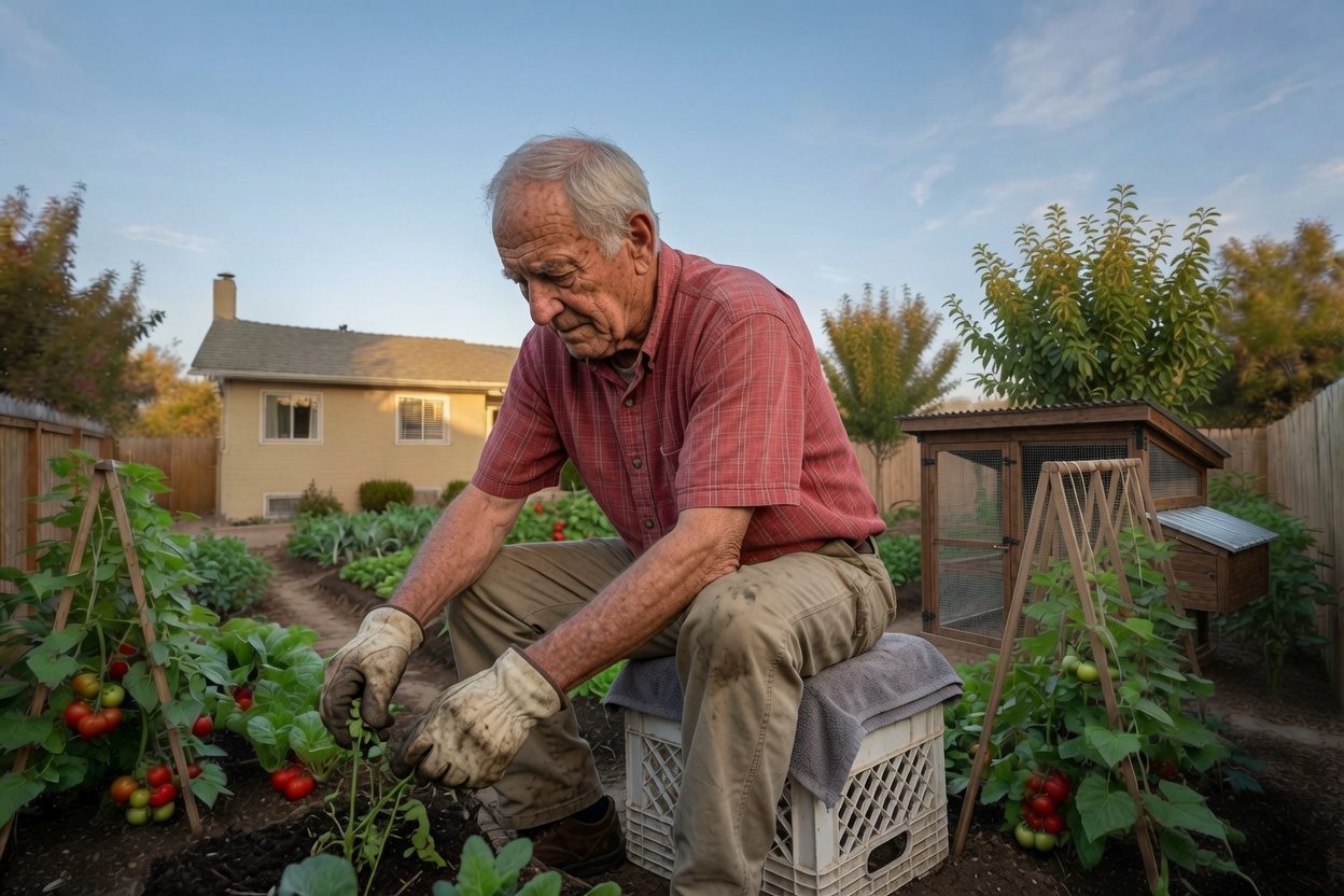 An older man in a plaid shirt and work gloves, seated on an upturned milk crate padded with a folded towel, tending tomato plants at ground level in the garden