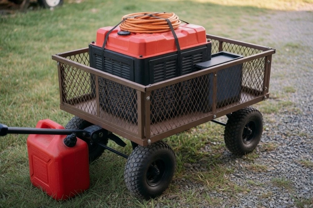A portable generator with an extension cord and battery box strapped into a steel mesh garden wagon on a lawn, a red fuel can waiting beside the pull handle