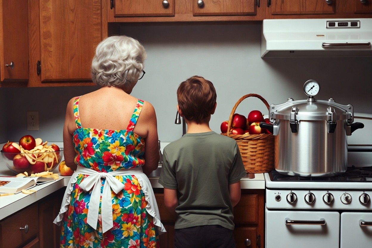 A gray-haired woman in an apron and a young boy at the stove seen from behind, a stainless steel pressure canner with a gauge on the burner, a basket of red apples and an open canning book on the counter beside them