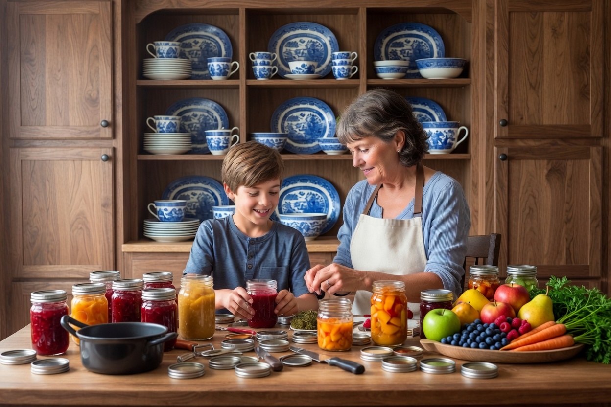 A boy at his grandmother’s elbow at the stove, learning to put food up in jars